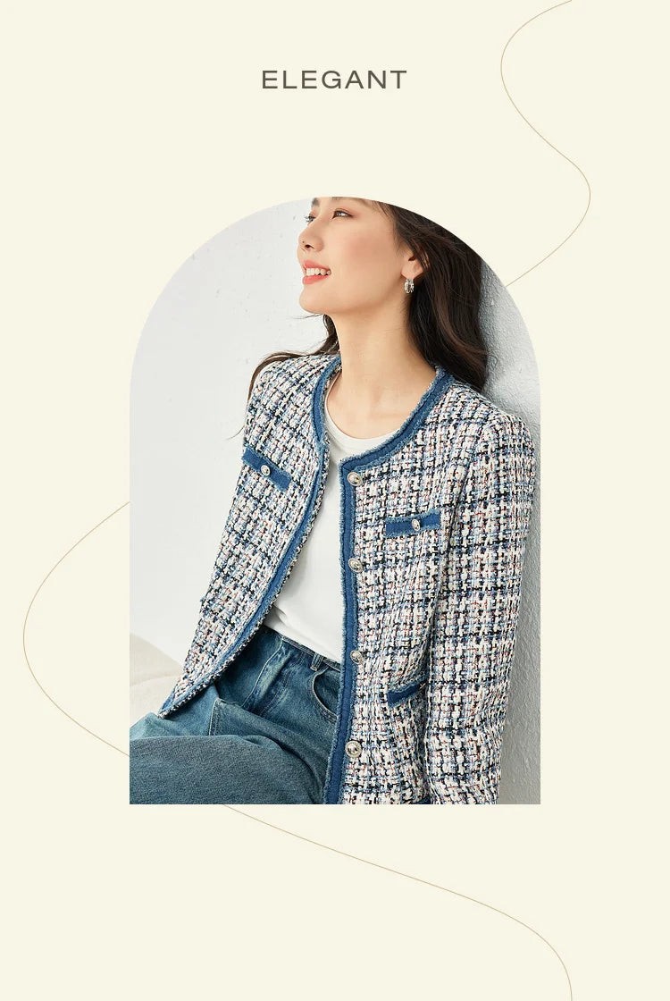 Vimly Plaid Tweed Cropped Jacket with Denim Patchwork