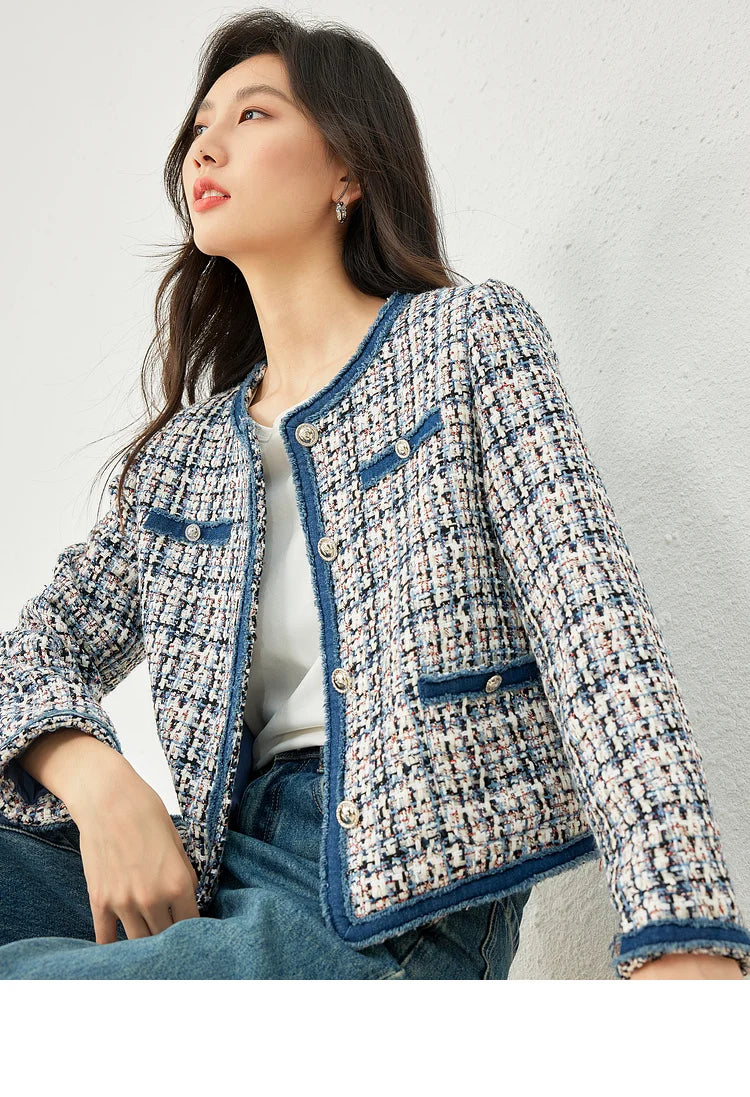 Vimly Plaid Tweed Cropped Jacket with Denim Patchwork