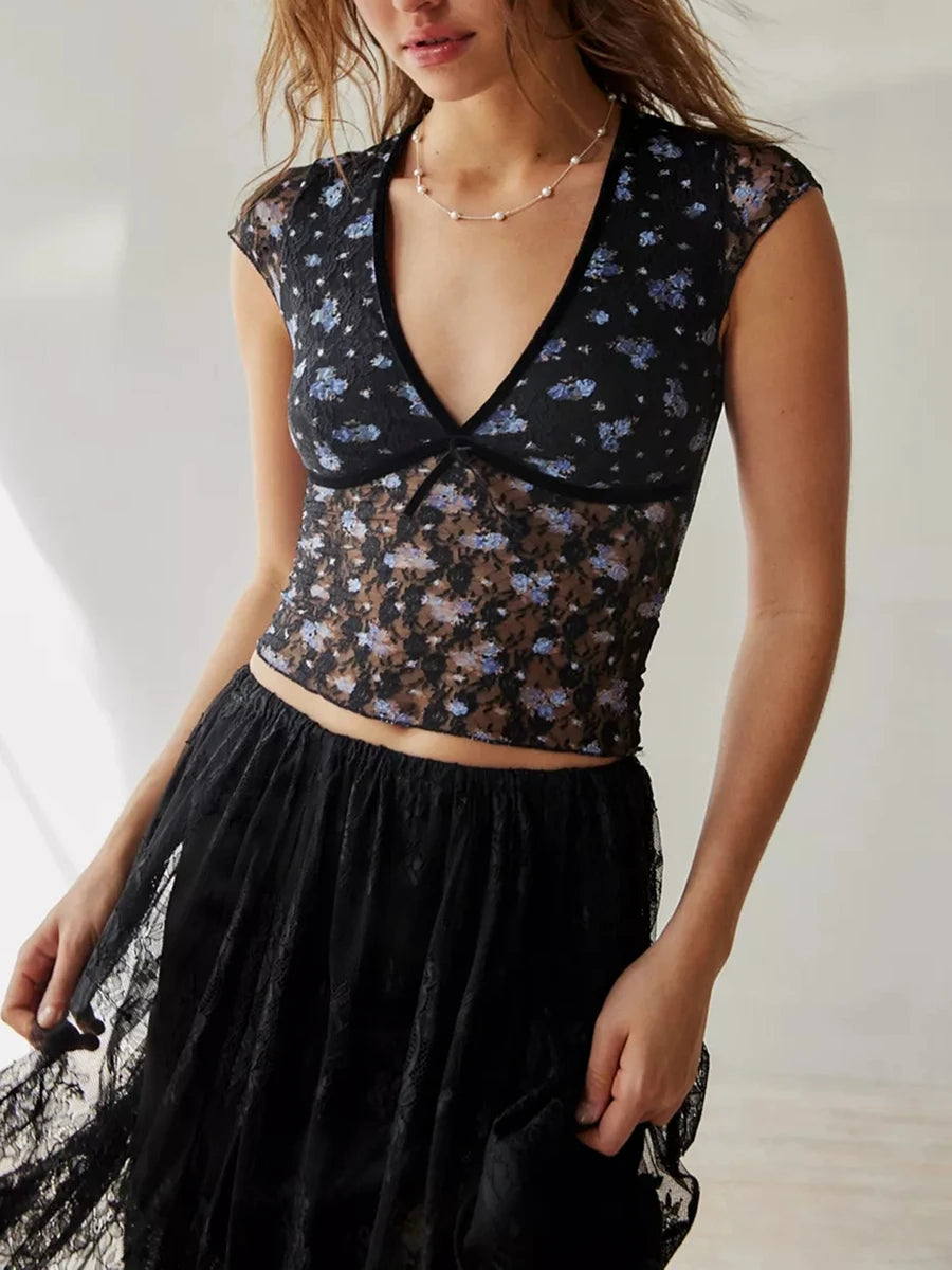 Fairycore Lace Floral V-Neck Crop Top