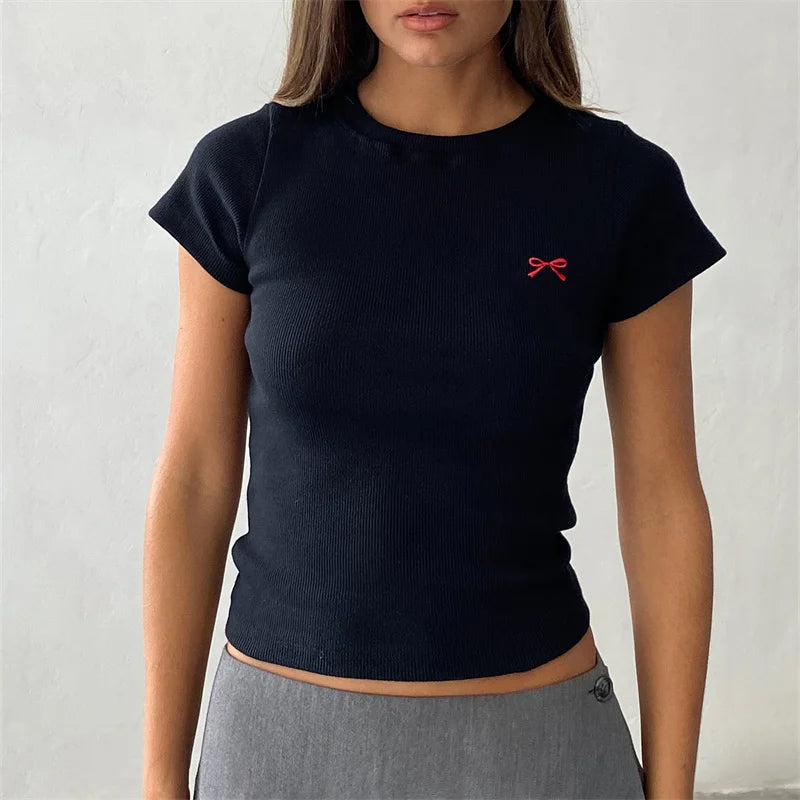 Embroidered Bow Crew Crop Top